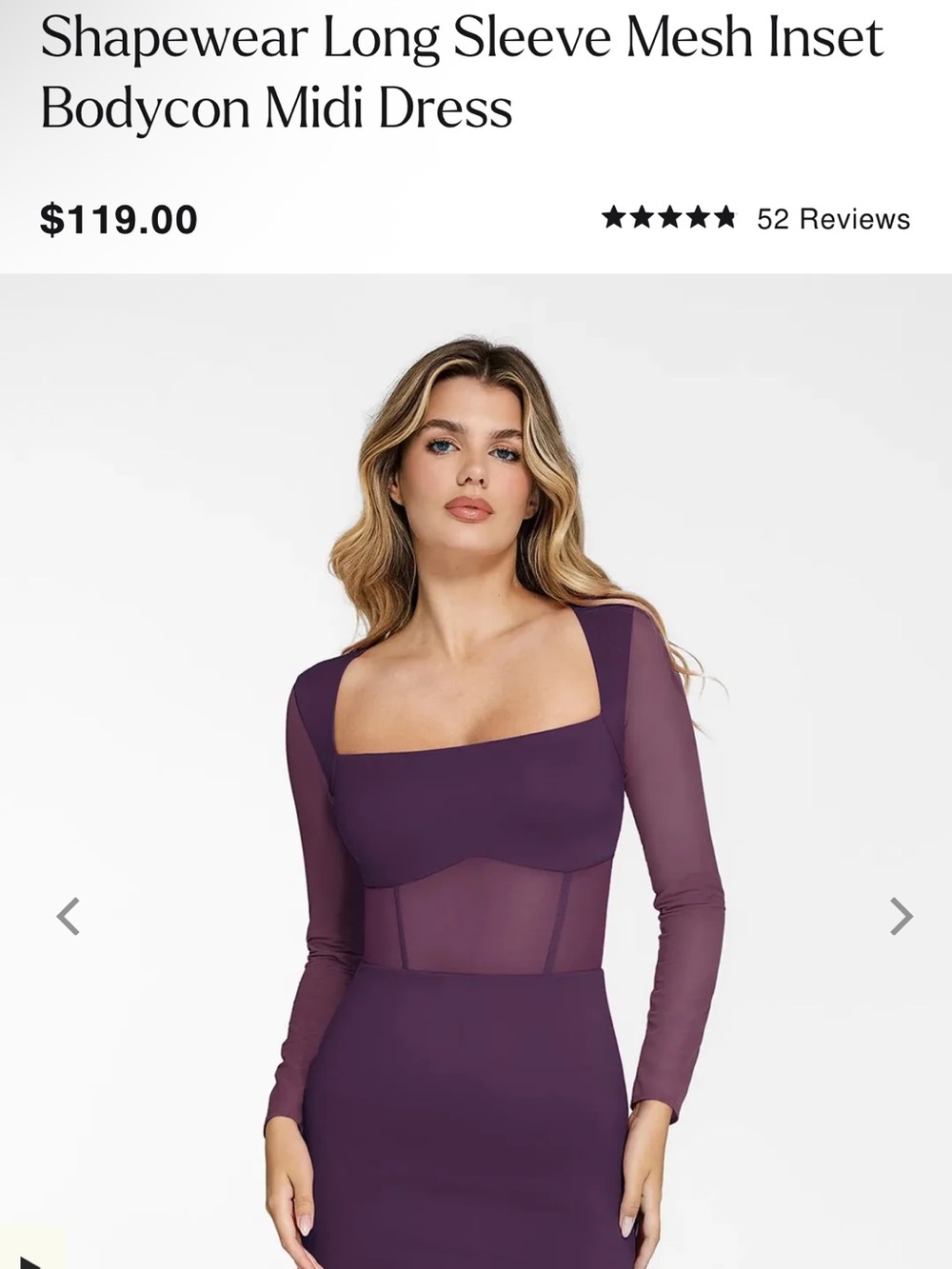 Long-Sleeve Purple Square Neck Bodycon Dress